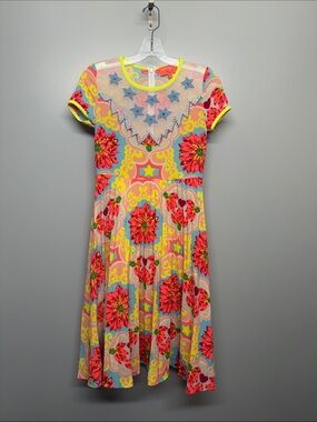 Manoush Neon Floral Mesh Beaded Yoke Pleated Midi Dress